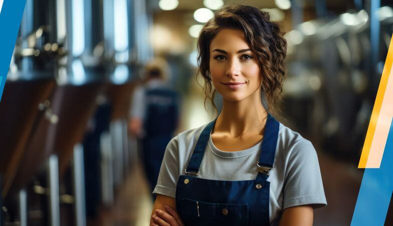 Smiling woman wears an apron with brewing equipment for beverage manufacturers behind her
