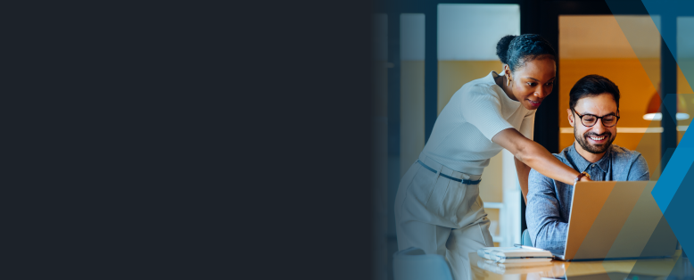 Woman points at a laptop screen where a man in glasses is watching an interactive, personalized Sage Intacct product tour